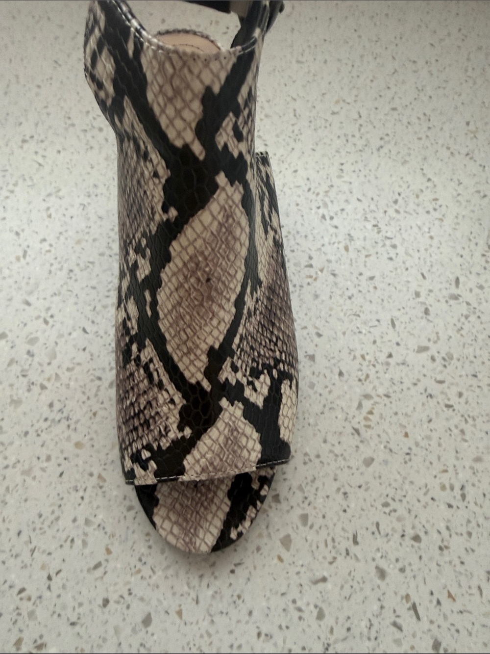 Alfani Snake-Print Open-Toe Heels in Beige and Black. Size 6.5.